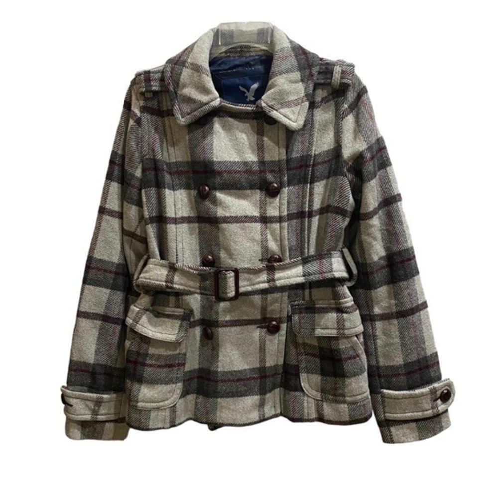 American Eagle Outfitters Women Pea Coat Plaid Belted Pockets Button Down Size M